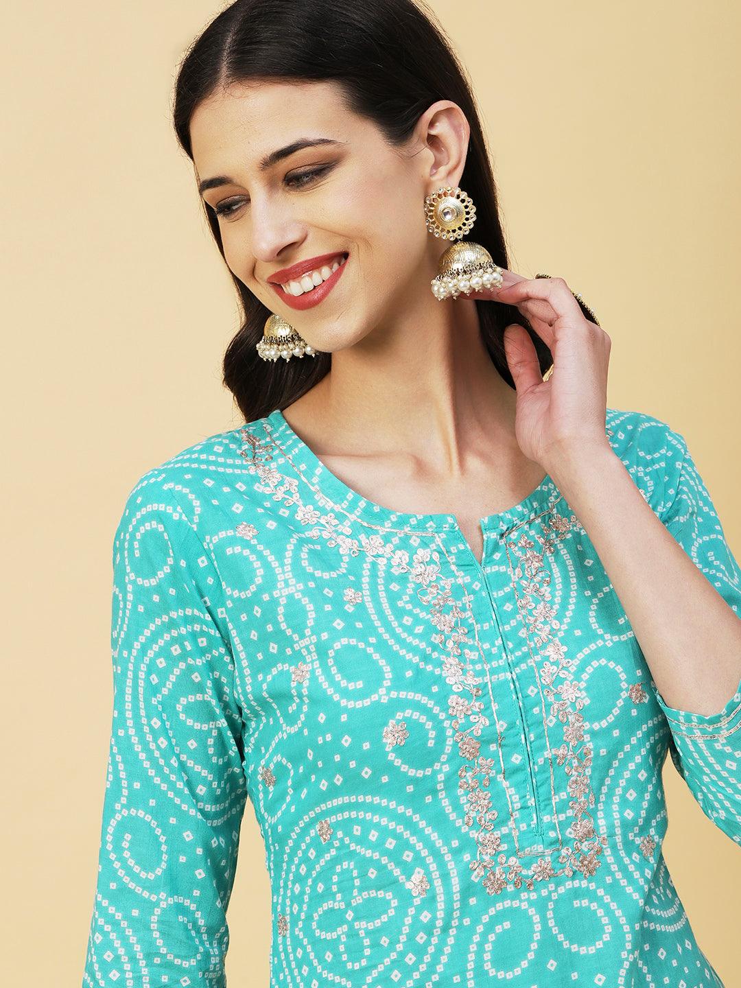 Bandhani Printed Zari Embroidered Kurta With Stripes Printed Pants - Sea Green - Indiakreations