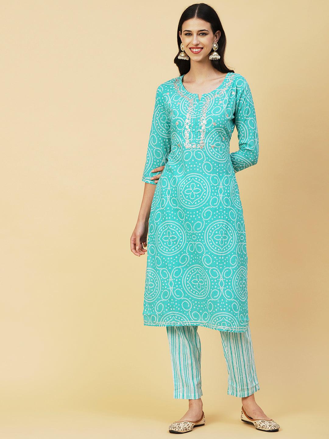 Bandhani Printed Zari Embroidered Kurta With Stripes Printed Pants - Sea Green - Indiakreations