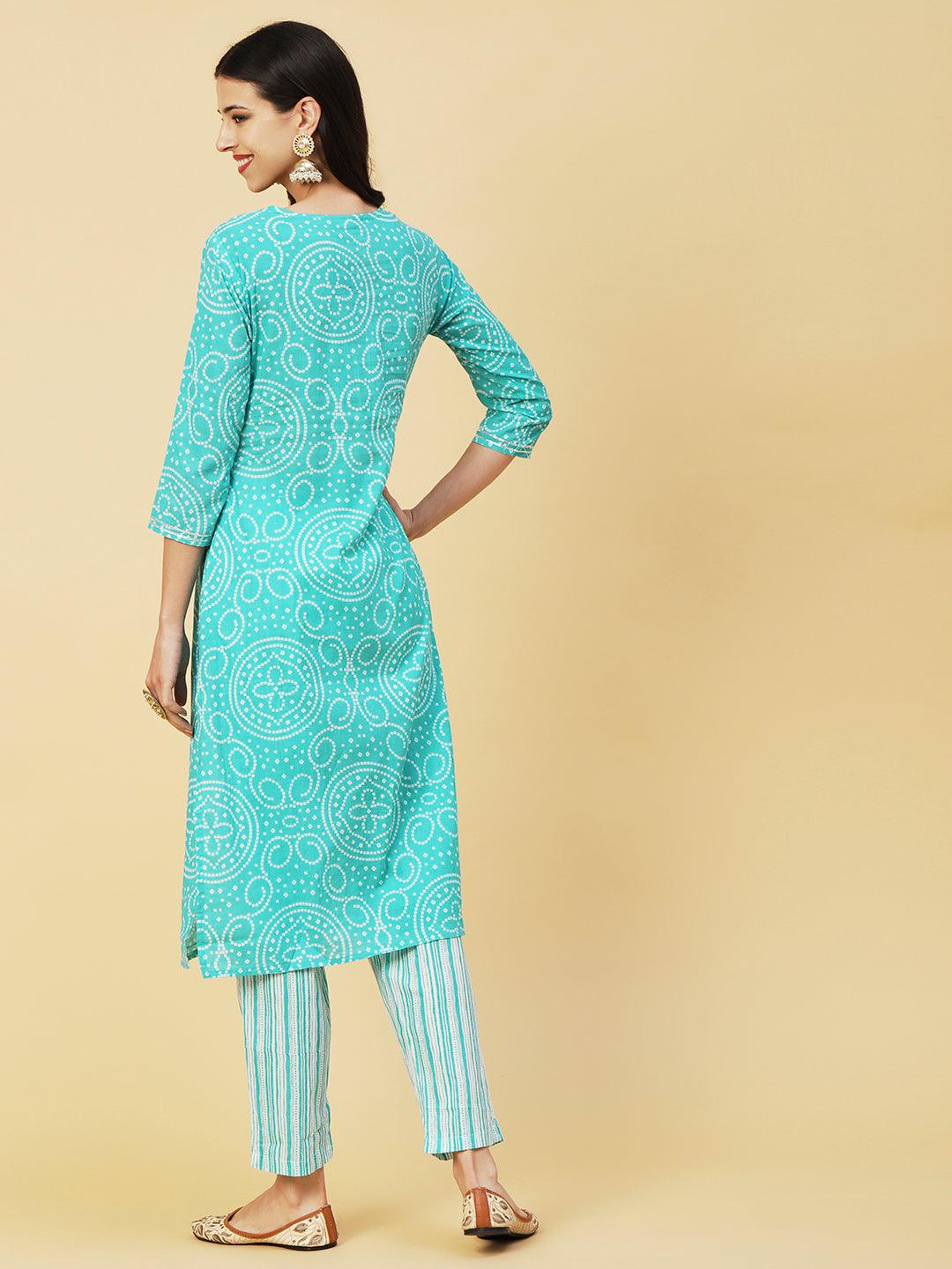 Bandhani Printed Zari Embroidered Kurta With Stripes Printed Pants - Sea Green - Indiakreations