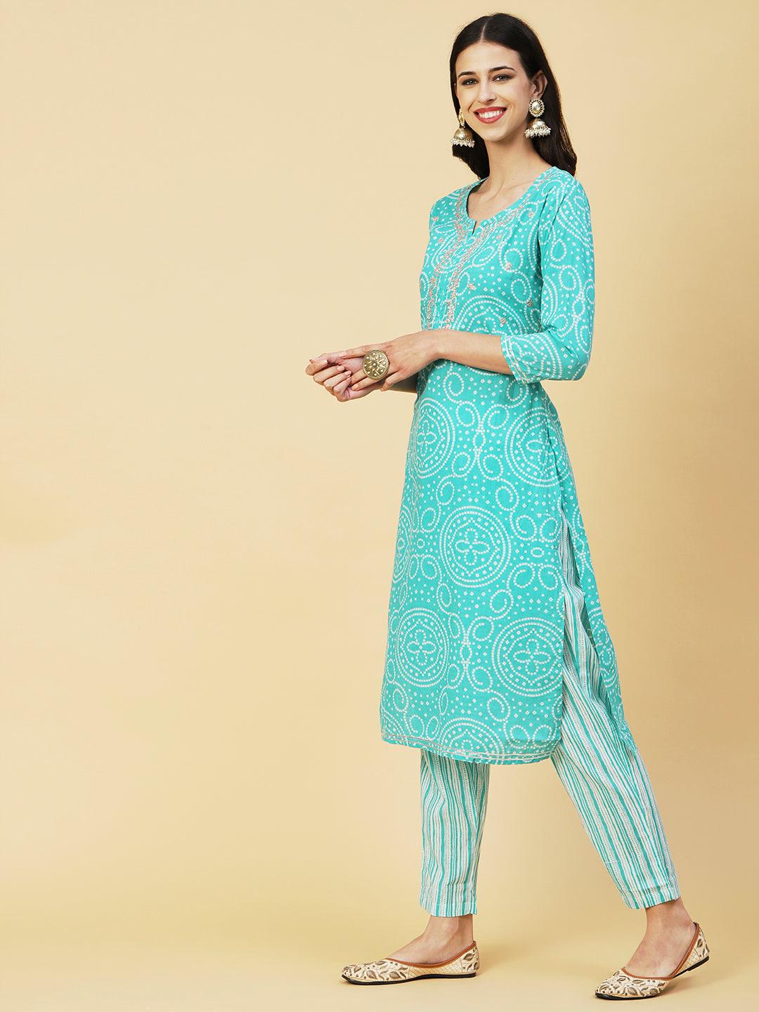 Bandhani Printed Zari Embroidered Kurta With Stripes Printed Pants - Sea Green - Indiakreations