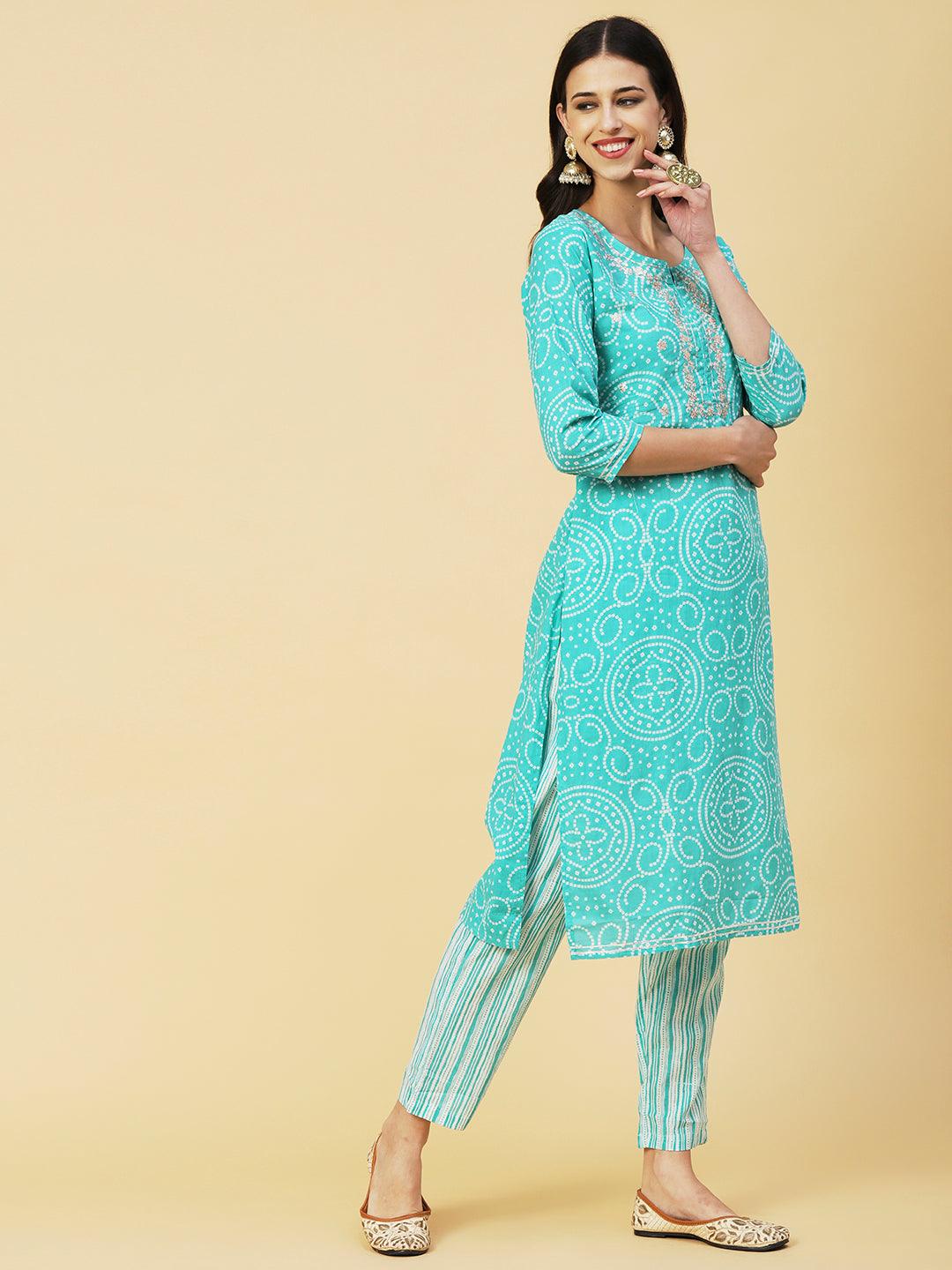 Bandhani Printed Zari Embroidered Kurta With Stripes Printed Pants - Sea Green - Indiakreations