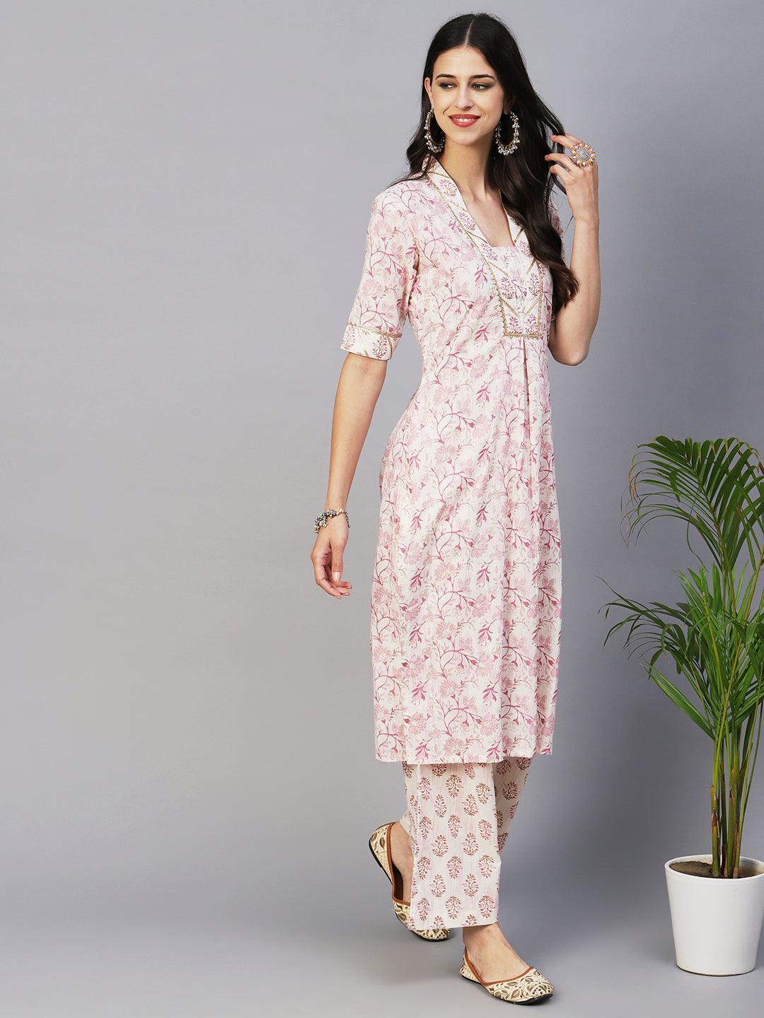 Floral Foil Printed Straight Fit Kurta with Pant - Pink - Indiakreations