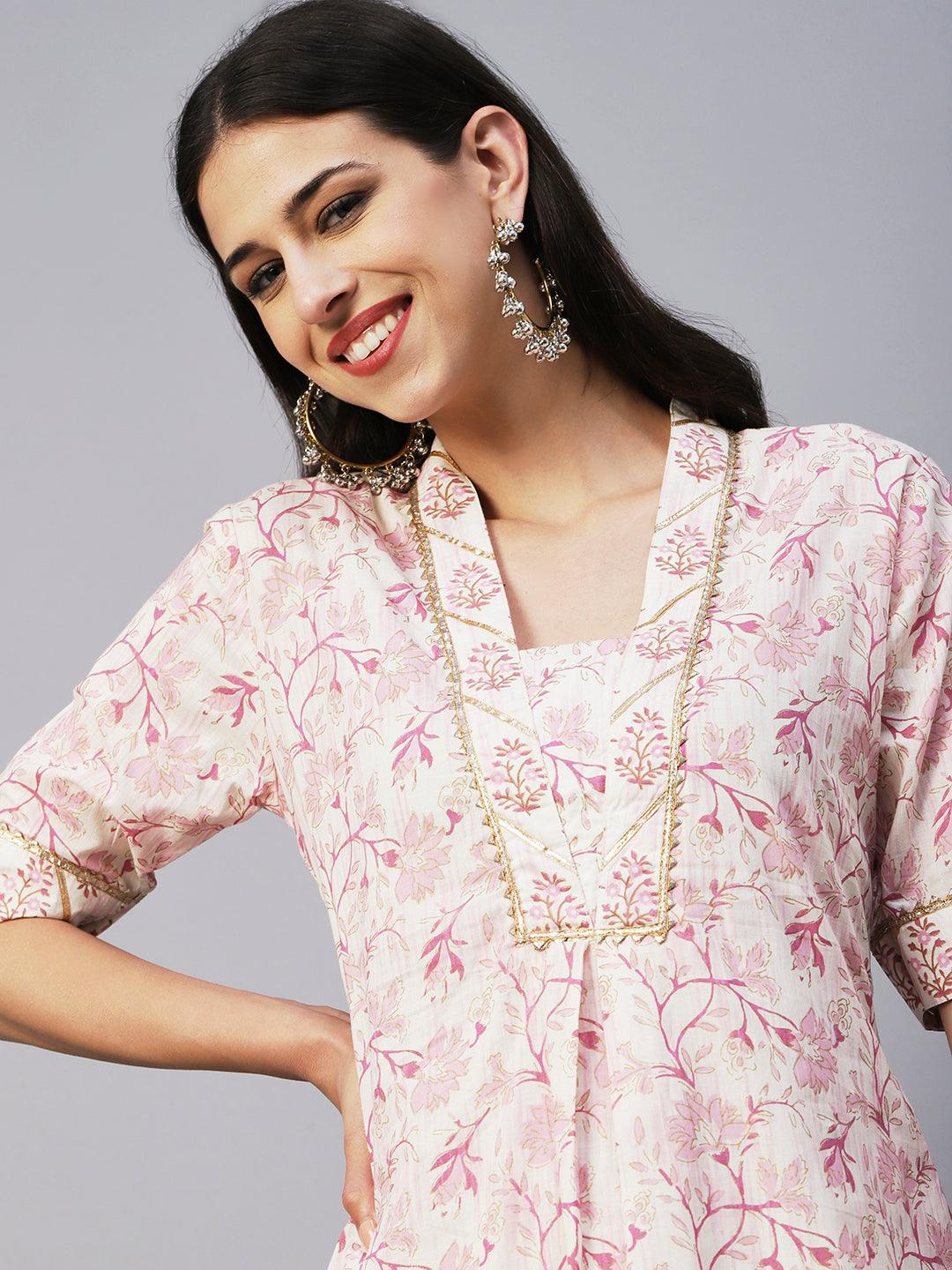 Floral Foil Printed Straight Fit Kurta with Pant - Pink - Indiakreations