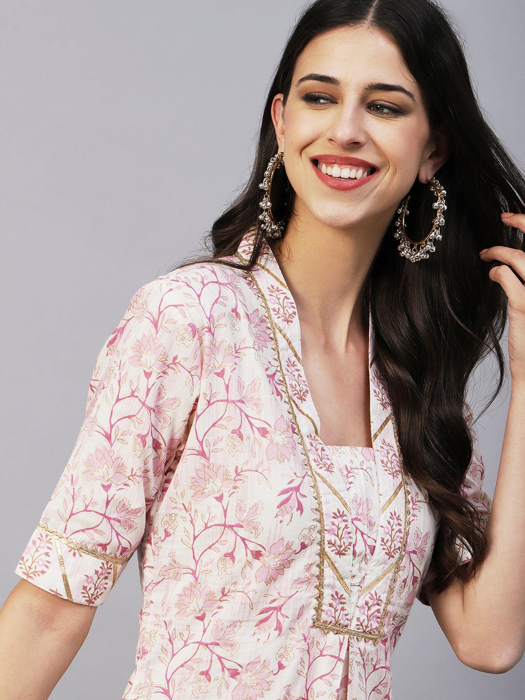 Floral Foil Printed Straight Fit Kurta with Pant - Pink - Indiakreations