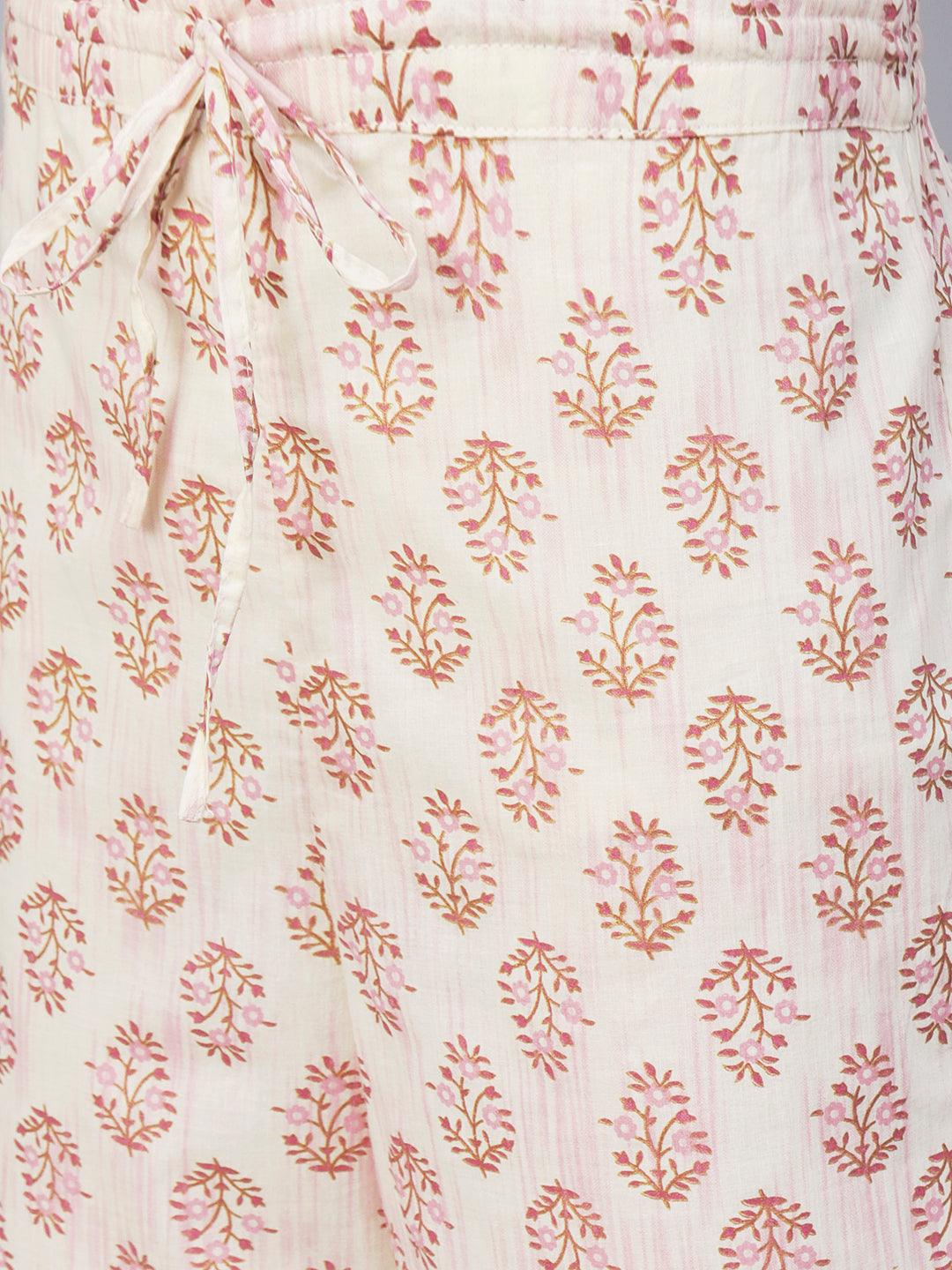 Floral Foil Printed Straight Fit Kurta with Pant - Pink - Indiakreations