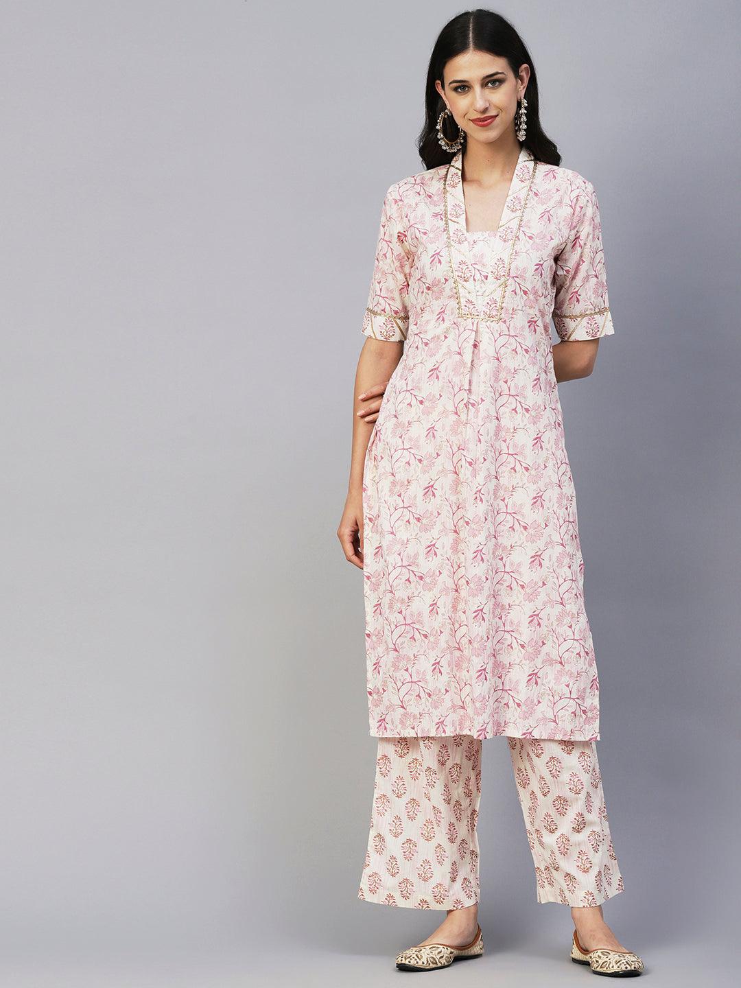 Floral Foil Printed Straight Fit Kurta with Pant - Pink - Indiakreations