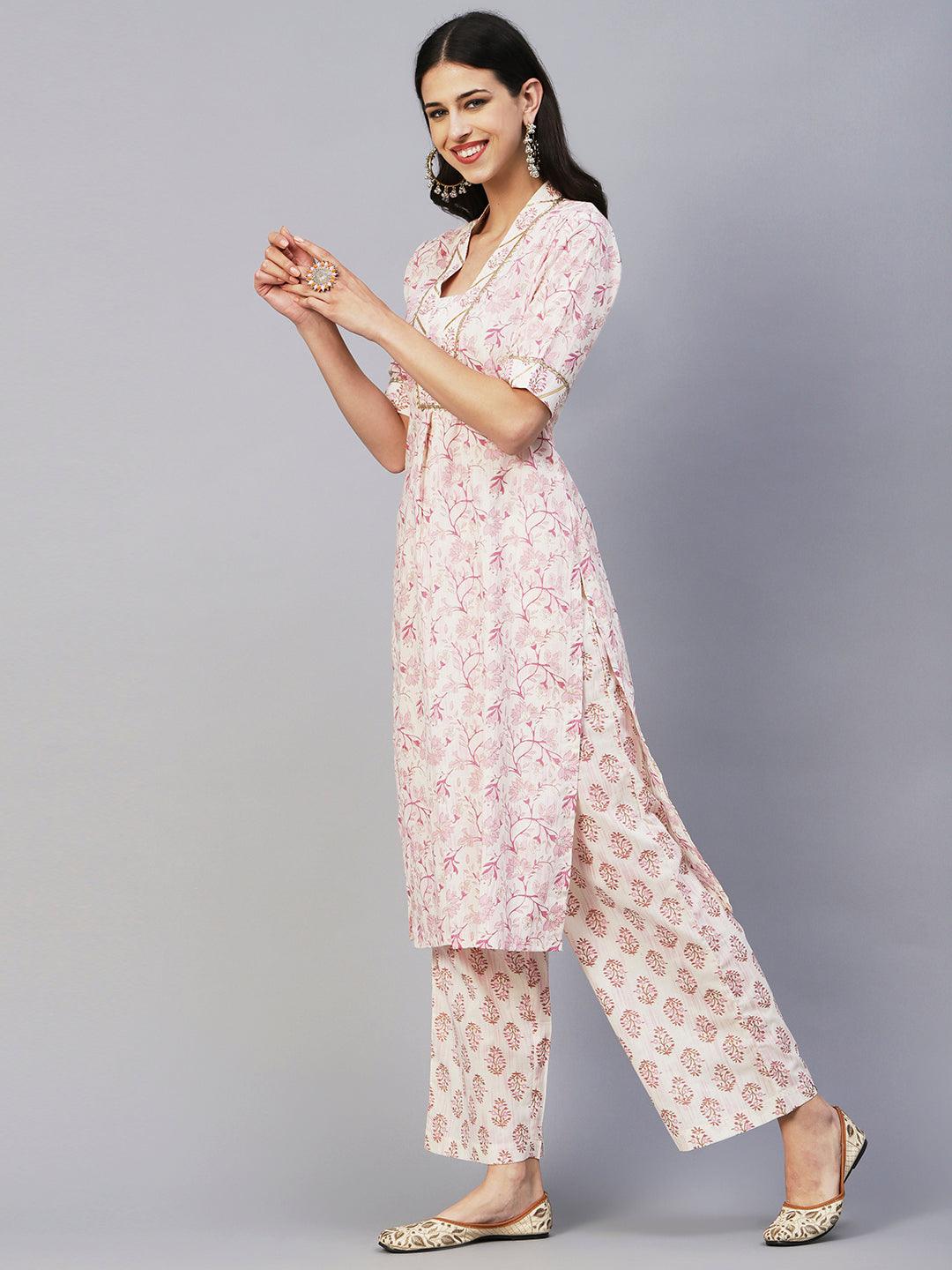 Floral Foil Printed Straight Fit Kurta with Pant - Pink - Indiakreations