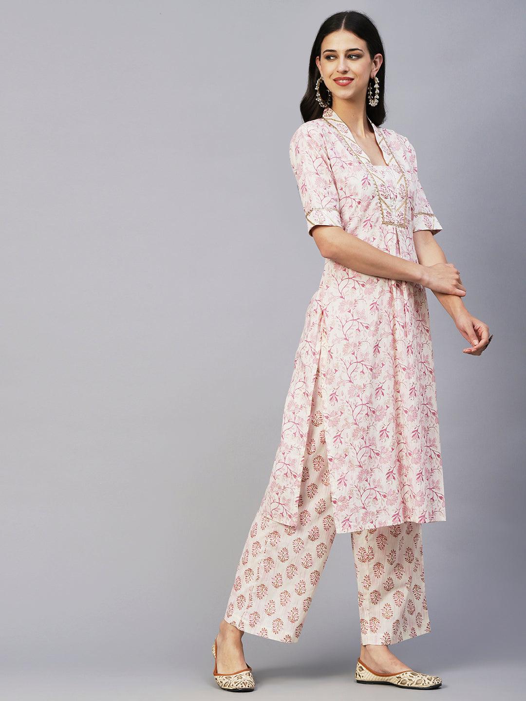 Floral Foil Printed Straight Fit Kurta with Pant - Pink - Indiakreations