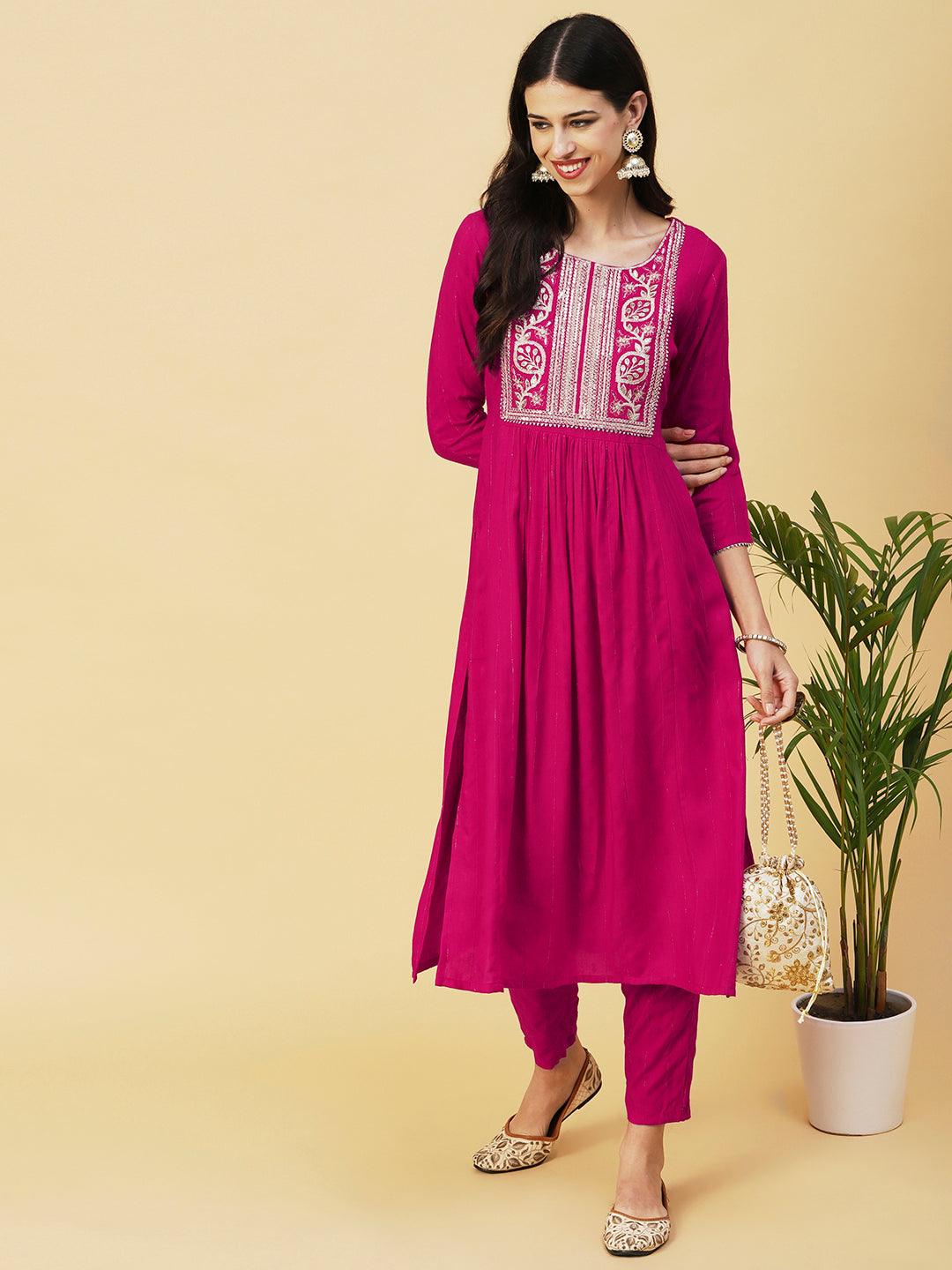 Lurex Striped Dobby Design Zari & Resham Embroidered Kurta With Pants - Magenta - Indiakreations