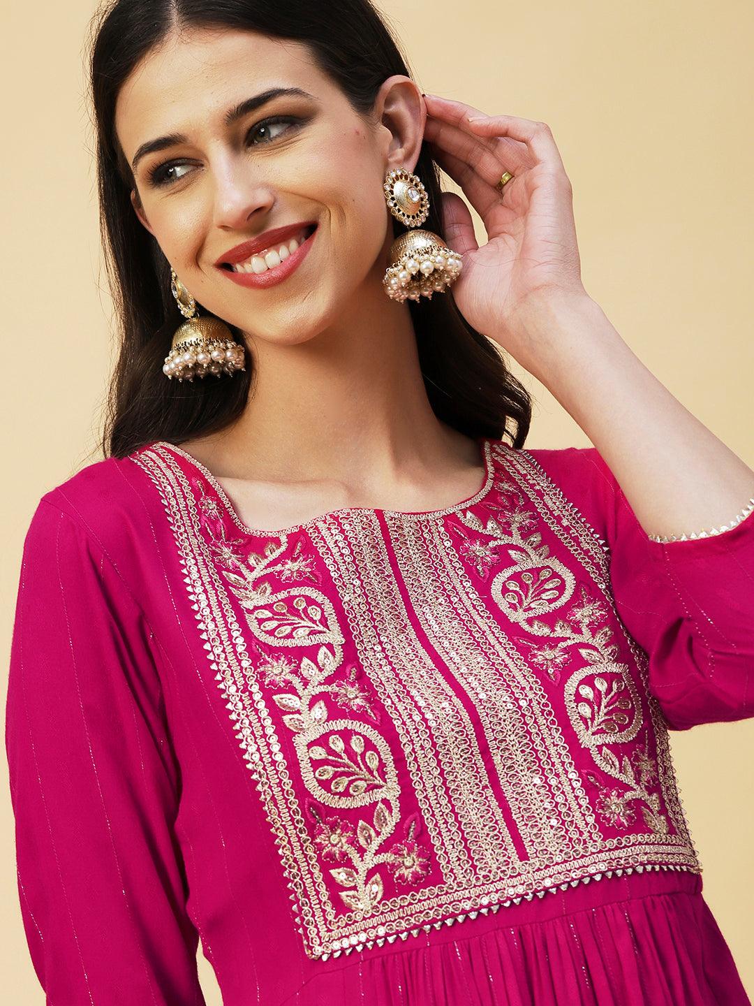 Lurex Striped Dobby Design Zari & Resham Embroidered Kurta With Pants - Magenta - Indiakreations