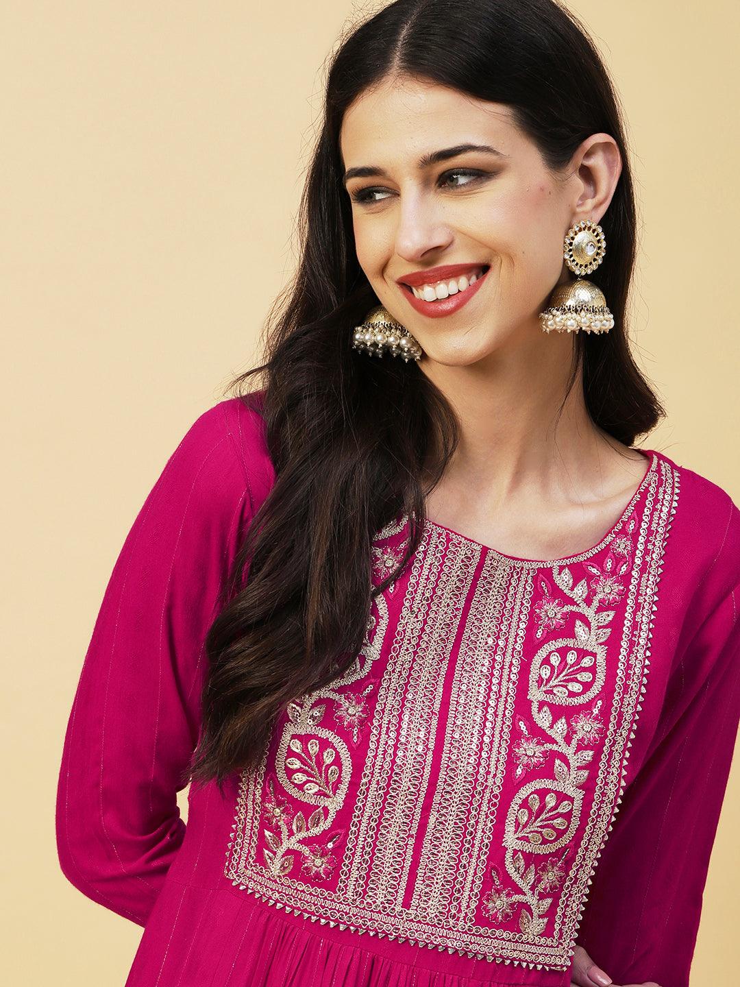 Lurex Striped Dobby Design Zari & Resham Embroidered Kurta With Pants - Magenta - Indiakreations