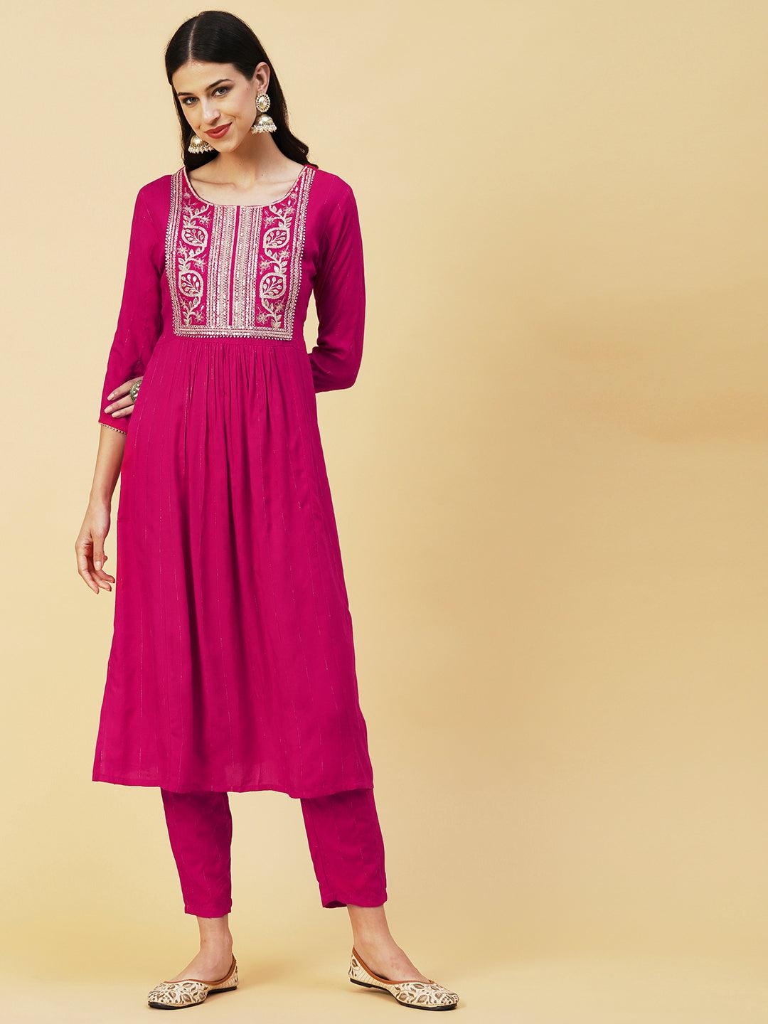 Lurex Striped Dobby Design Zari & Resham Embroidered Kurta With Pants - Magenta - Indiakreations