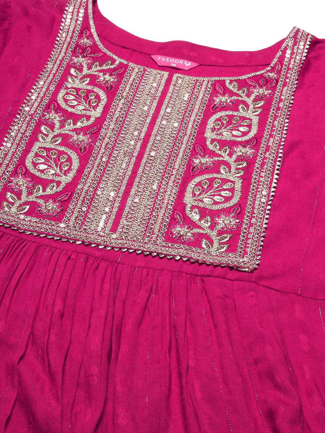 Lurex Striped Dobby Design Zari & Resham Embroidered Kurta With Pants - Magenta - Indiakreations