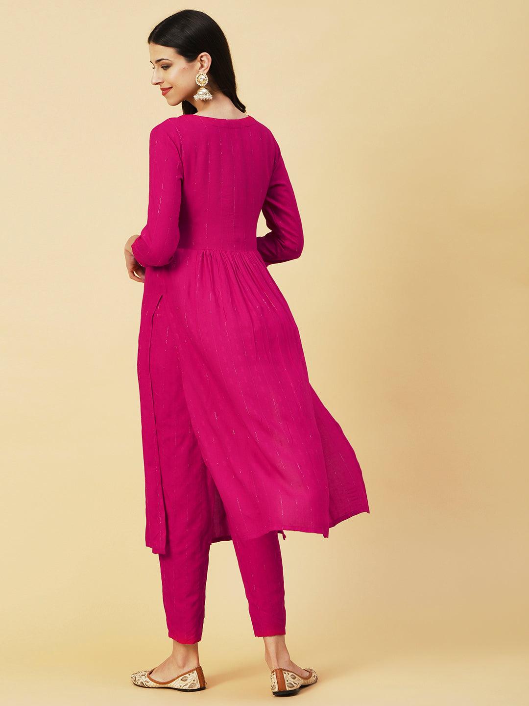 Lurex Striped Dobby Design Zari & Resham Embroidered Kurta With Pants - Magenta - Indiakreations