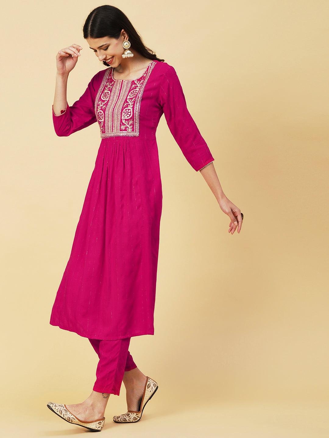 Lurex Striped Dobby Design Zari & Resham Embroidered Kurta With Pants - Magenta - Indiakreations