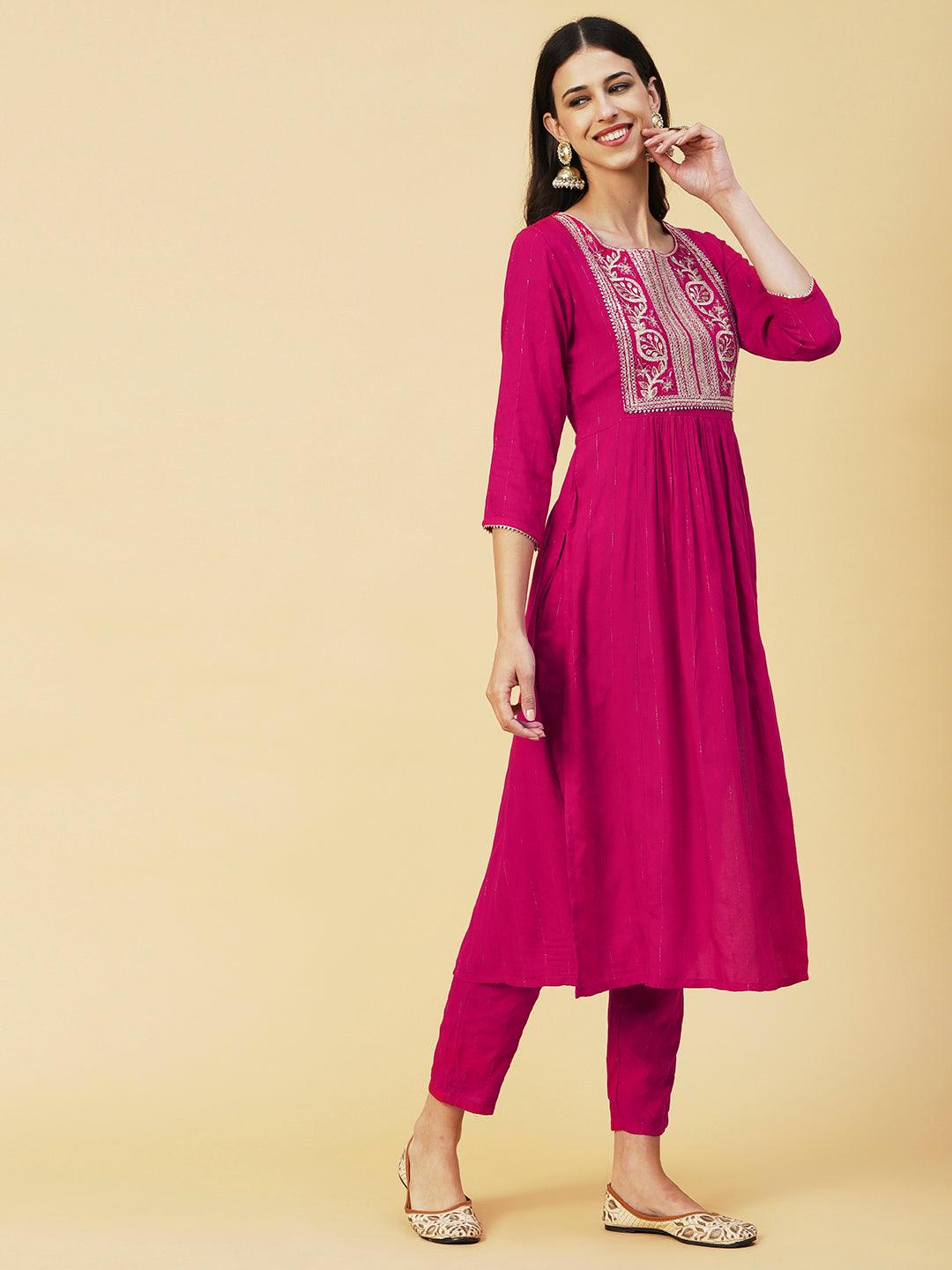 Lurex Striped Dobby Design Zari & Resham Embroidered Kurta With Pants - Magenta - Indiakreations