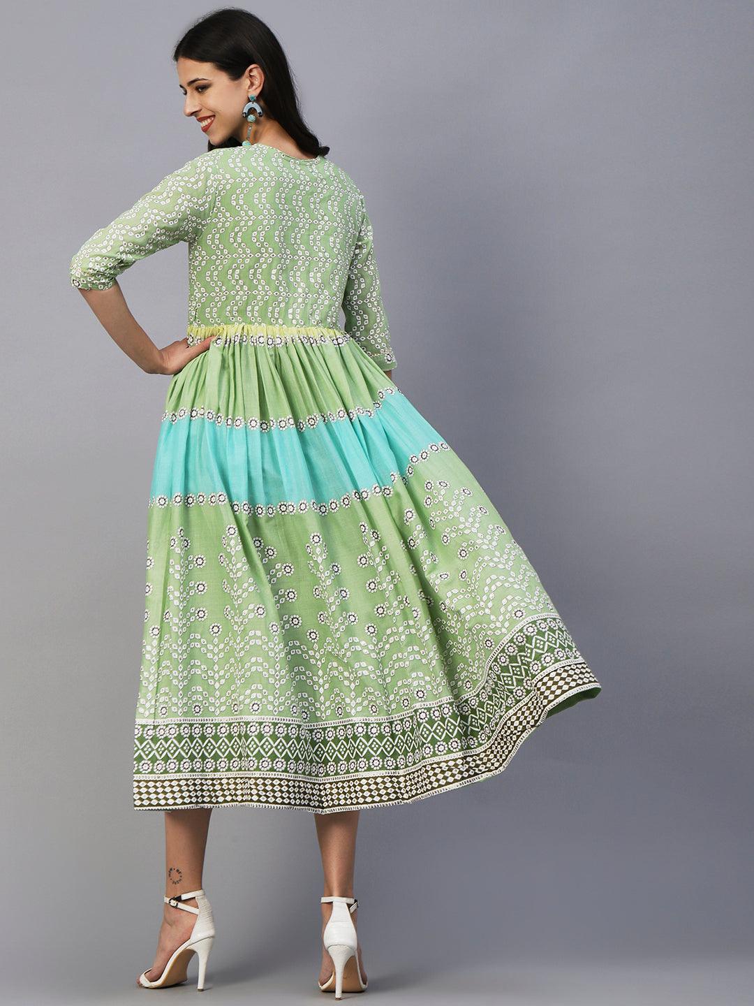 Abstract & Foil Printed Tasseled Flared Maxi Dress - Light Green - Indiakreations