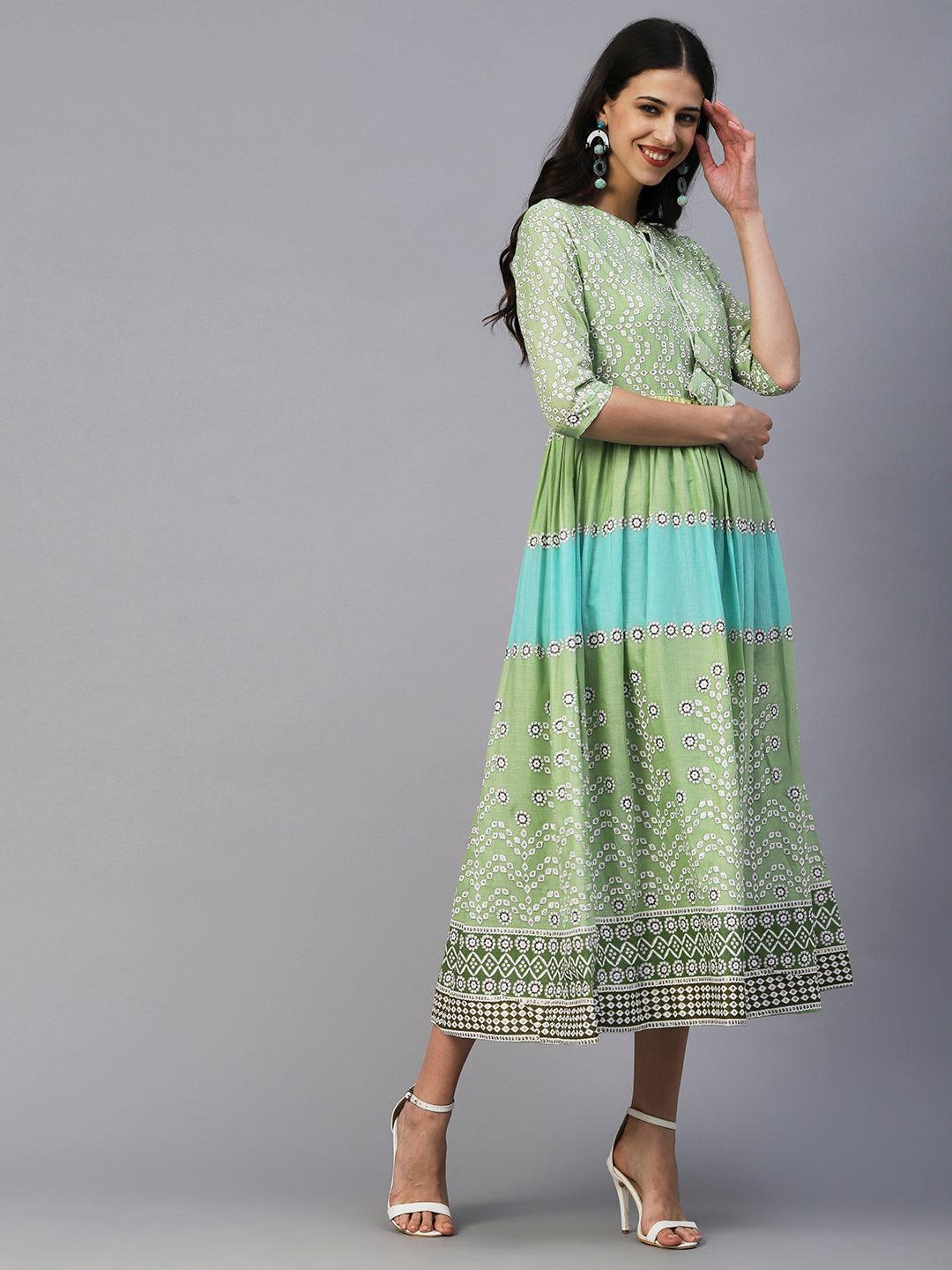 Abstract & Foil Printed Tasseled Flared Maxi Dress - Light Green - Indiakreations