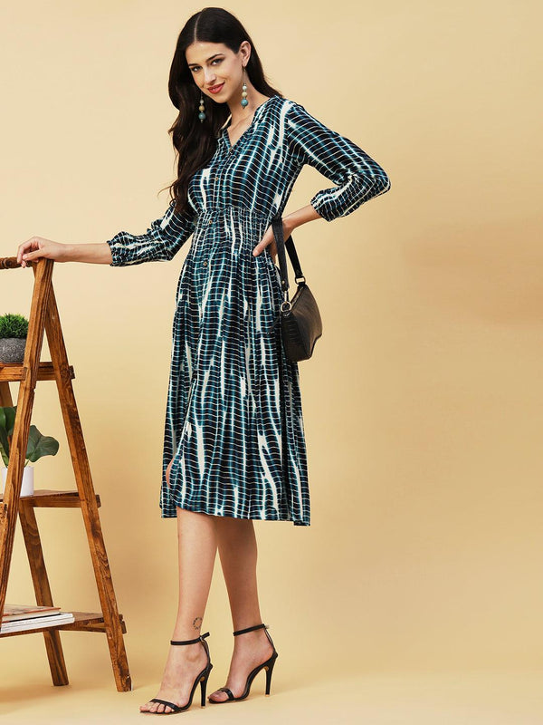 Abstract Printed Smocked Waistline & Sleeves Midi Dress - Blue - Indiakreations