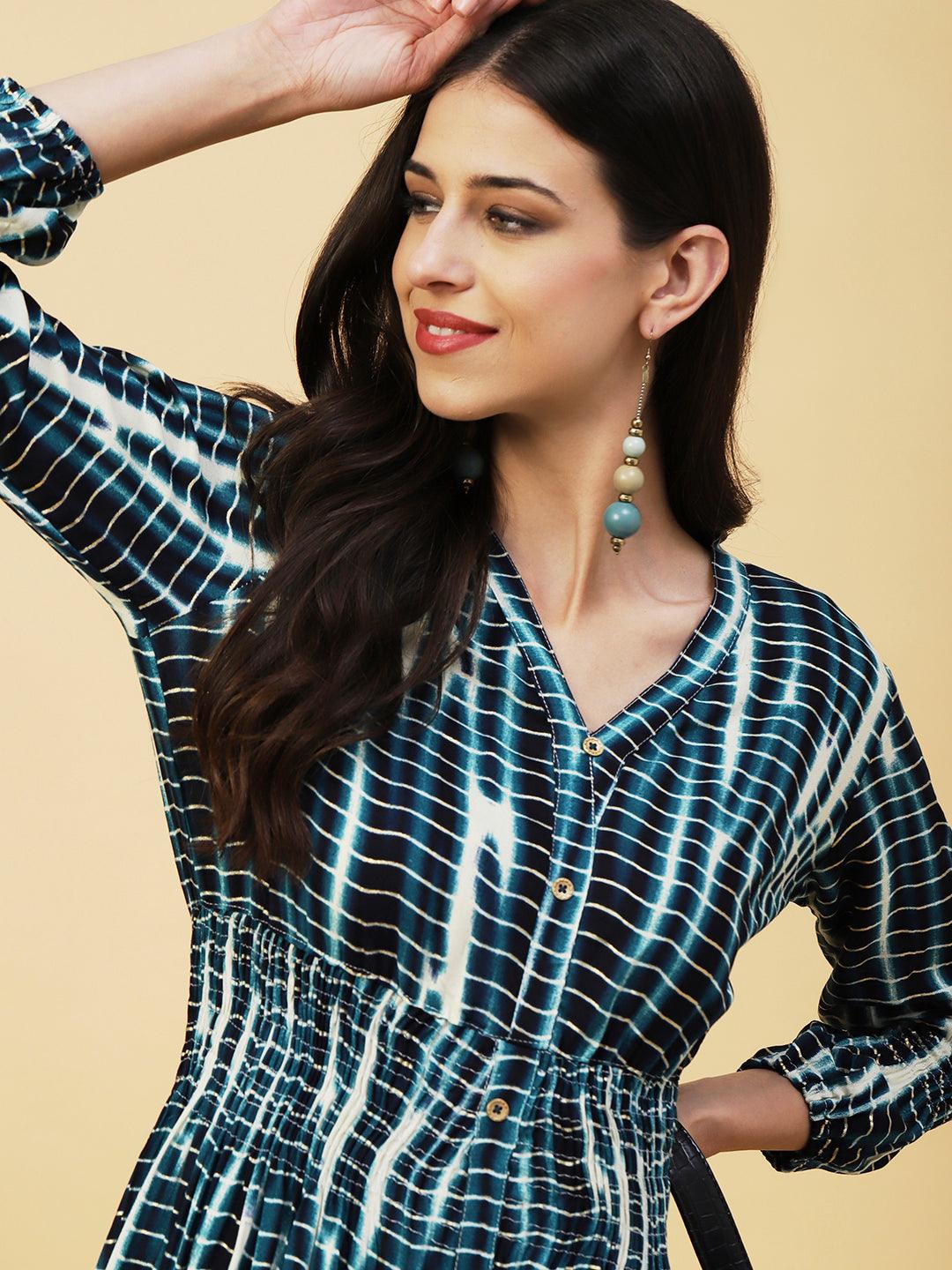 Abstract Printed Smocked Waistline & Sleeves Midi Dress - Blue - Indiakreations