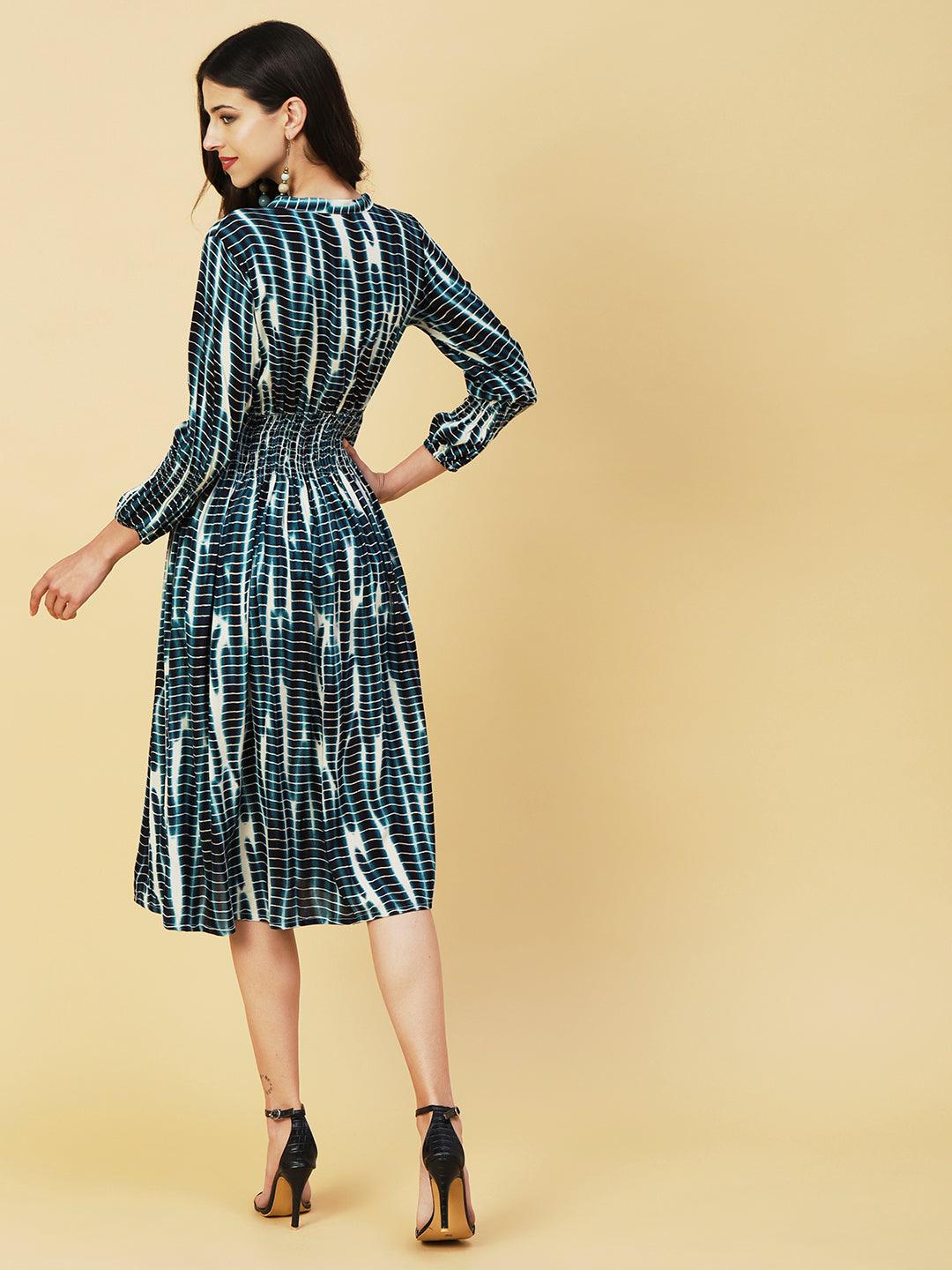 Abstract Printed Smocked Waistline & Sleeves Midi Dress - Blue - Indiakreations