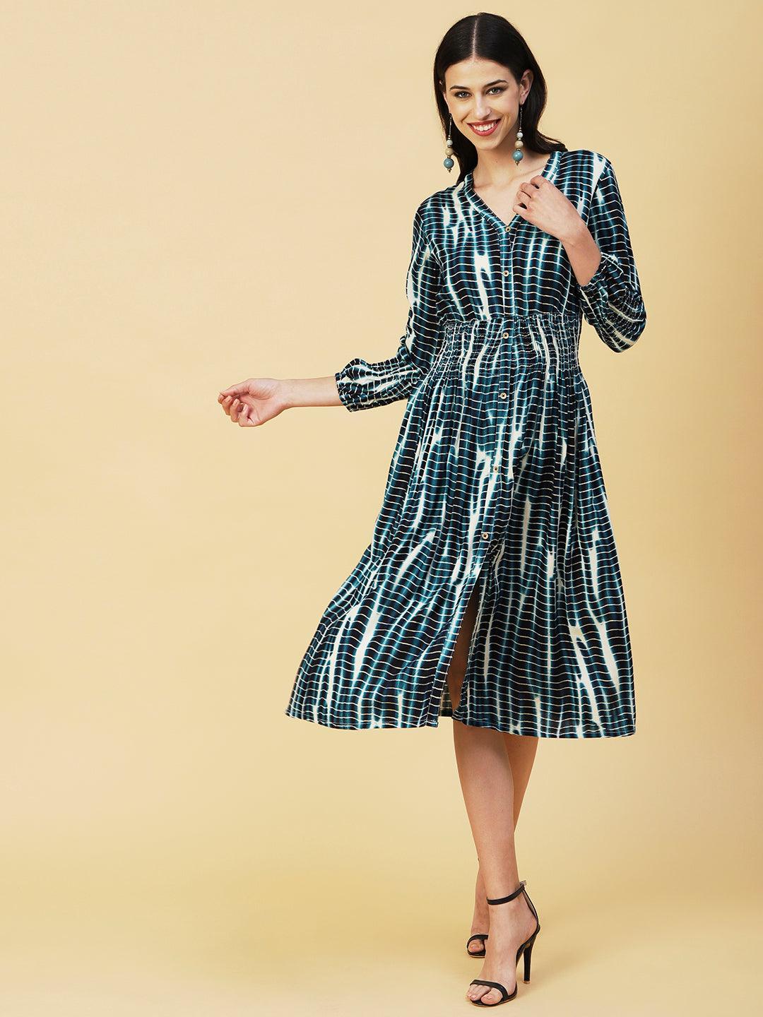 Abstract Printed Smocked Waistline & Sleeves Midi Dress - Blue - Indiakreations