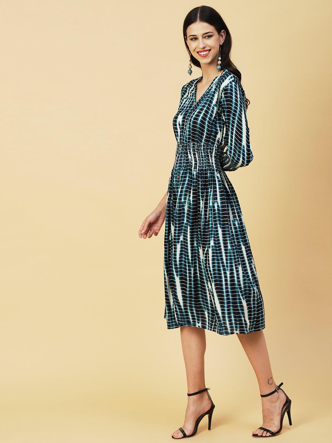 Abstract Printed Smocked Waistline & Sleeves Midi Dress - Blue - Indiakreations