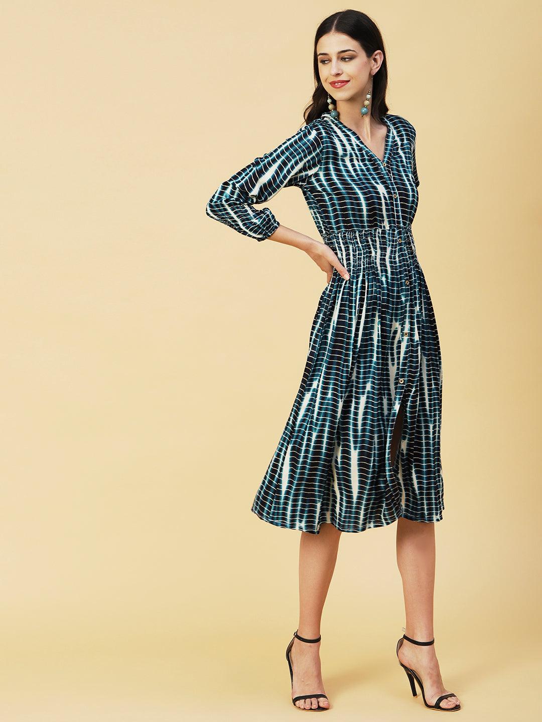 Abstract Printed Smocked Waistline & Sleeves Midi Dress - Blue - Indiakreations