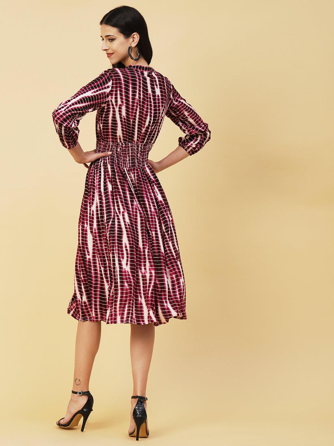 Abstract Printed Smocked Waistline & Sleeves Midi Dress - Mauve - Indiakreations