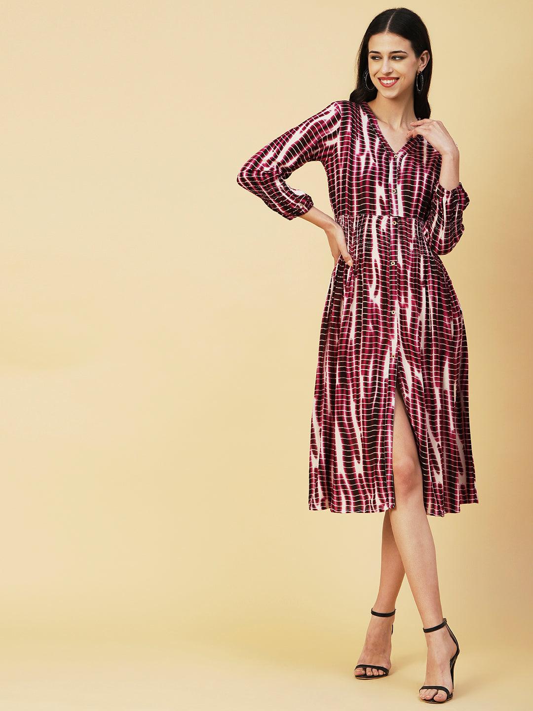 Abstract Printed Smocked Waistline & Sleeves Midi Dress - Mauve - Indiakreations