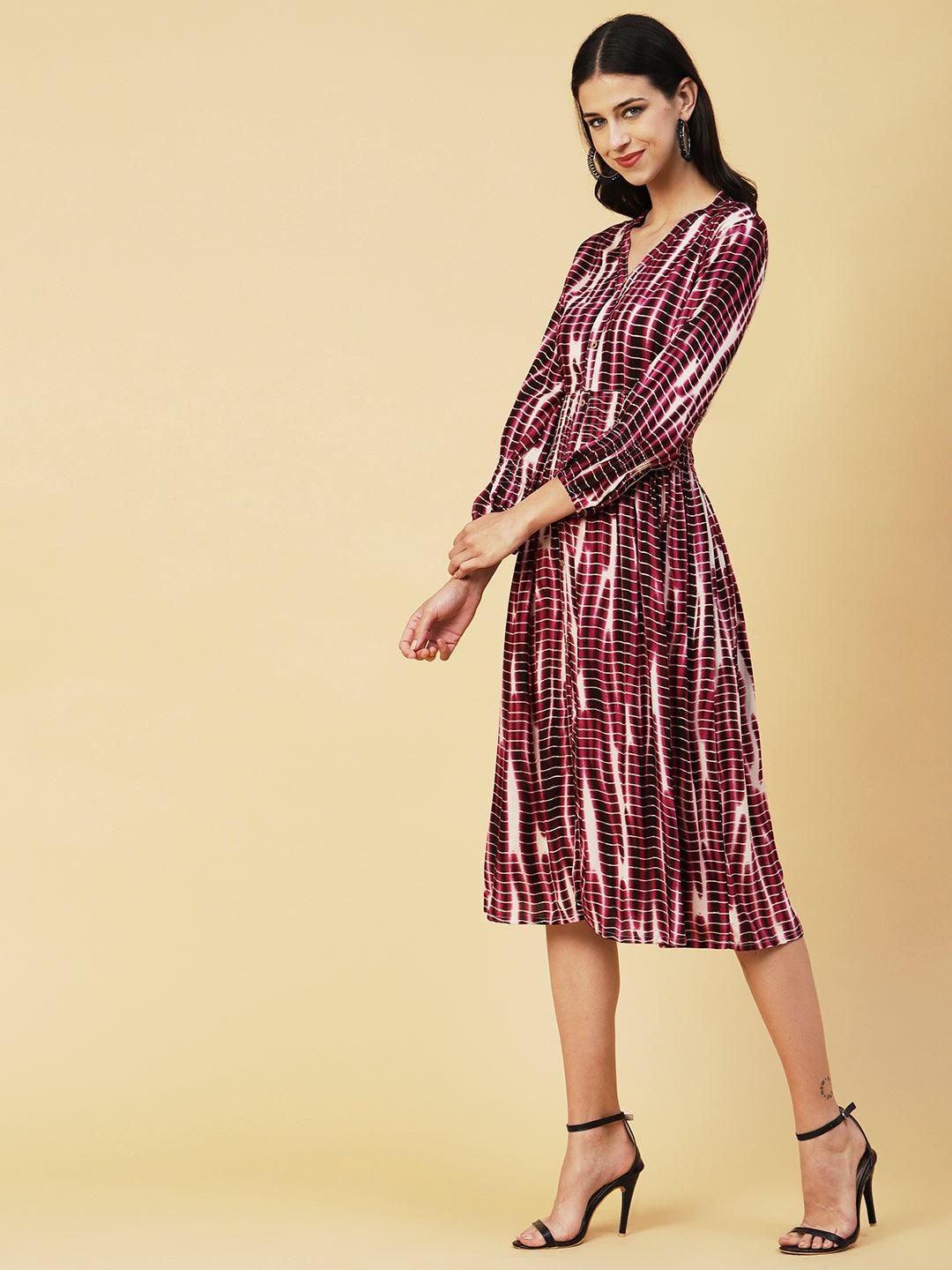 Abstract Printed Smocked Waistline & Sleeves Midi Dress - Mauve - Indiakreations