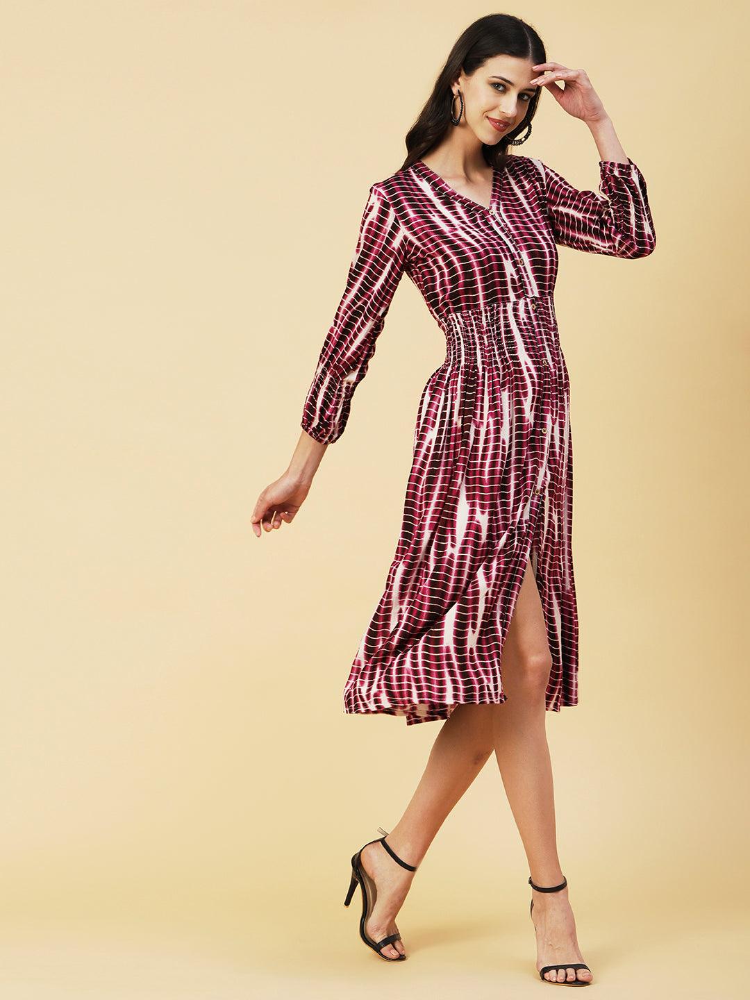 Abstract Printed Smocked Waistline & Sleeves Midi Dress - Mauve - Indiakreations