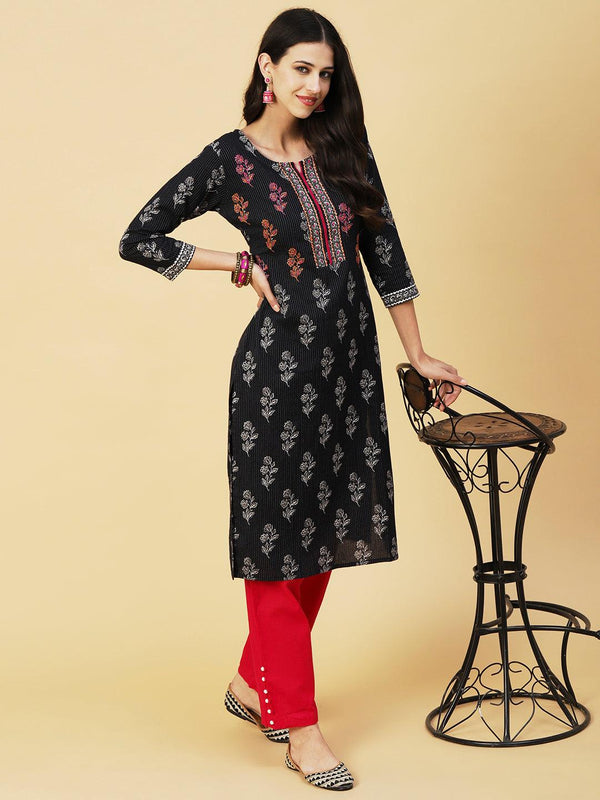 Floral Block Printed Woven Striped Kantha Embroidered Kurta - Black - Indiakreations