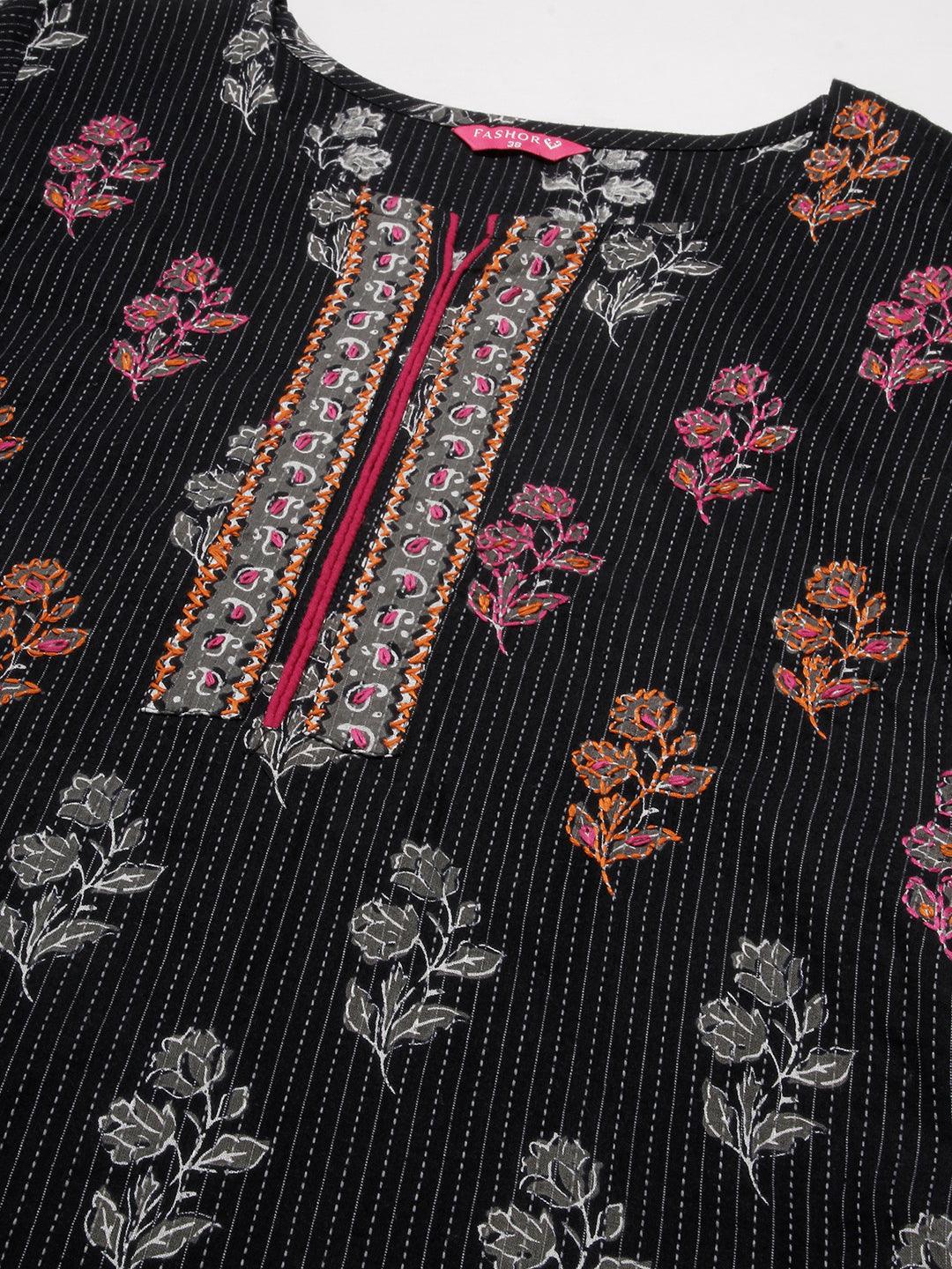 Floral Block Printed Woven Striped Kantha Embroidered Kurta - Black - Indiakreations