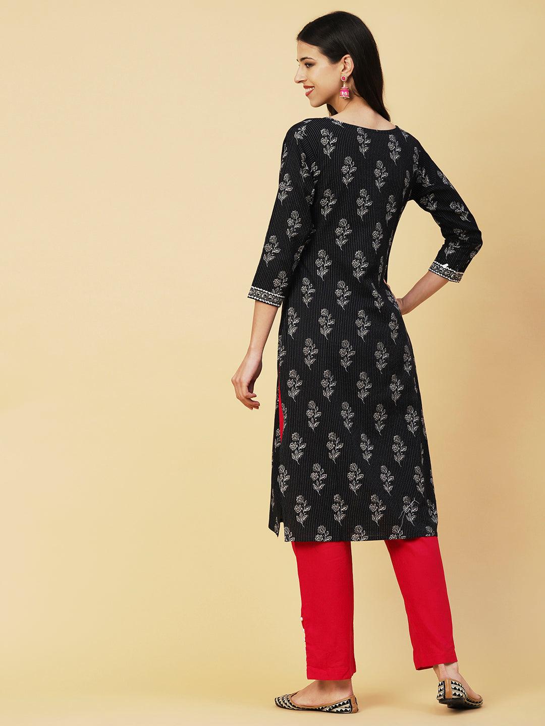 Floral Block Printed Woven Striped Kantha Embroidered Kurta - Black - Indiakreations