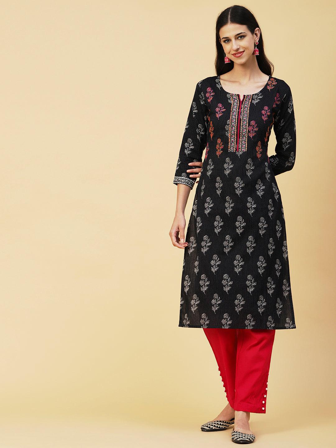 Floral Block Printed Woven Striped Kantha Embroidered Kurta - Black - Indiakreations