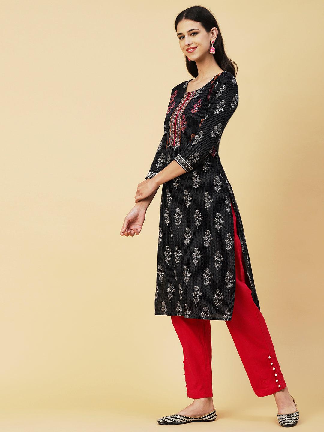 Floral Block Printed Woven Striped Kantha Embroidered Kurta - Black - Indiakreations