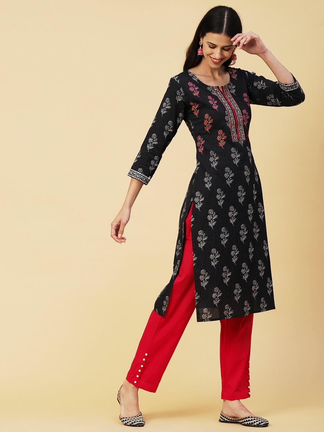 Floral Block Printed Woven Striped Kantha Embroidered Kurta - Black - Indiakreations