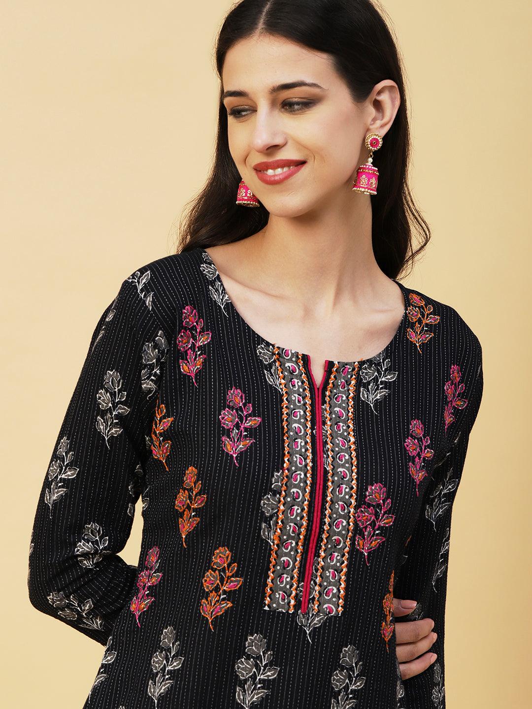 Floral Block Printed Woven Striped Kantha Embroidered Kurta - Black - Indiakreations