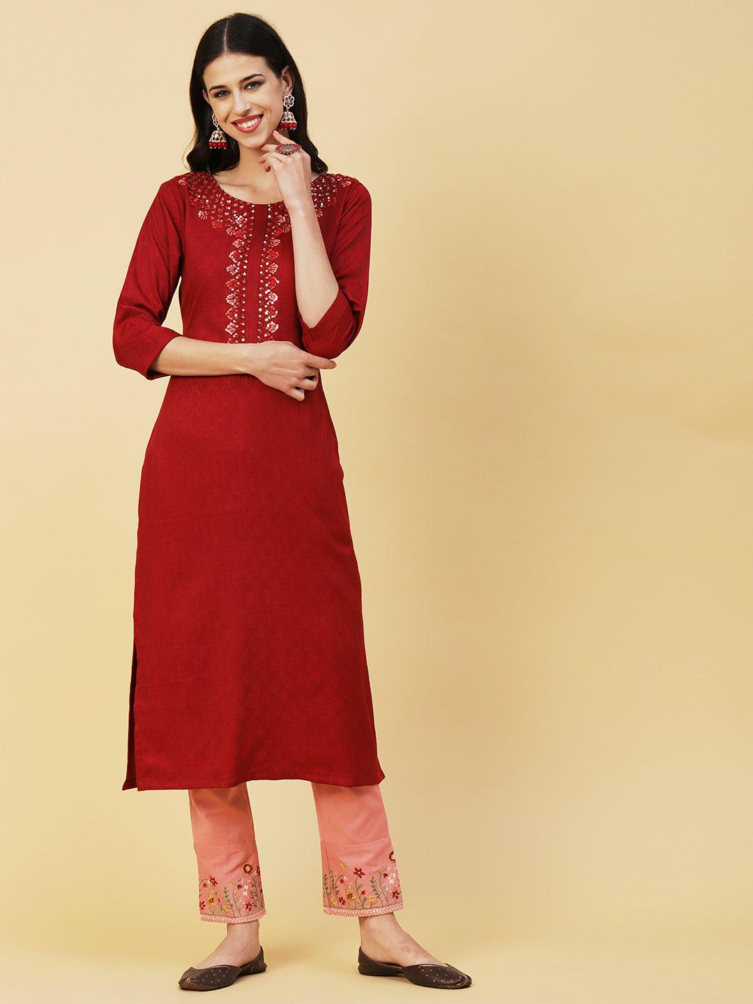 Woven Dobby Checkered Resham & Sequins Embroidered Kurta - Maroon - Indiakreations