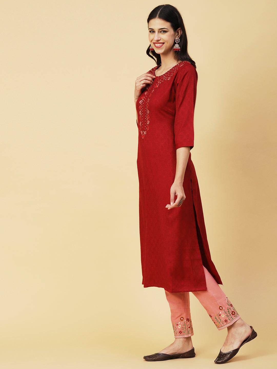 Woven Dobby Checkered Resham & Sequins Embroidered Kurta - Maroon - Indiakreations