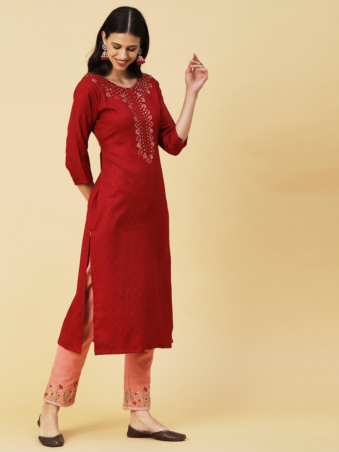 Woven Dobby Checkered Resham & Sequins Embroidered Kurta - Maroon - Indiakreations