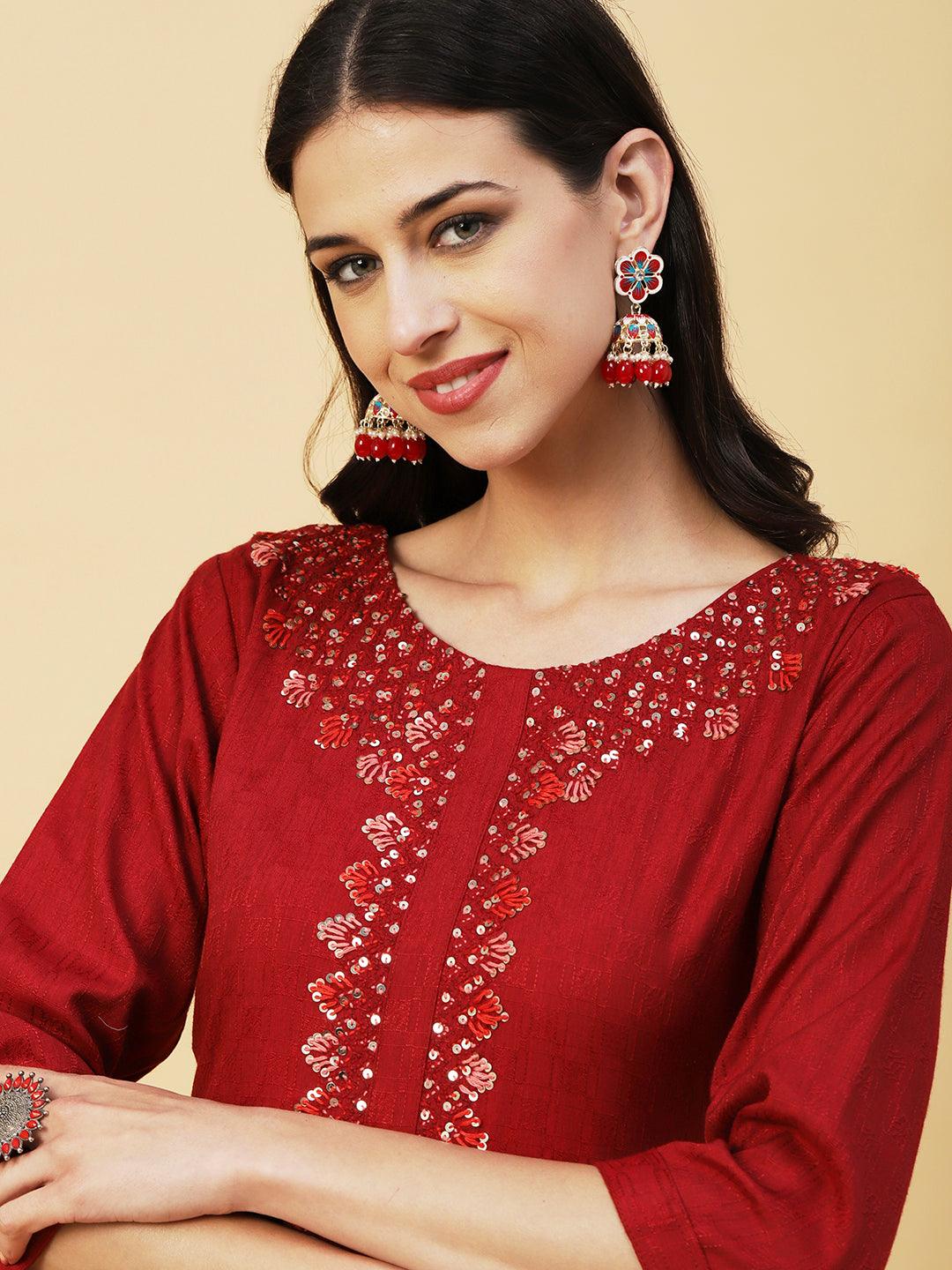 Woven Dobby Checkered Resham & Sequins Embroidered Kurta - Maroon - Indiakreations