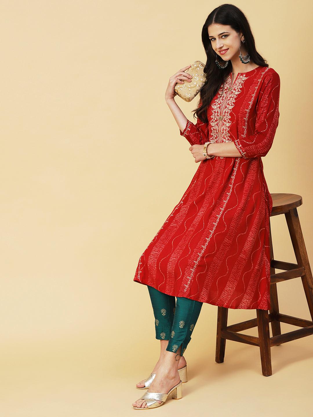 Abstract Printed Mirror & Resham Embroidered A-line Kurta - Red - Indiakreations