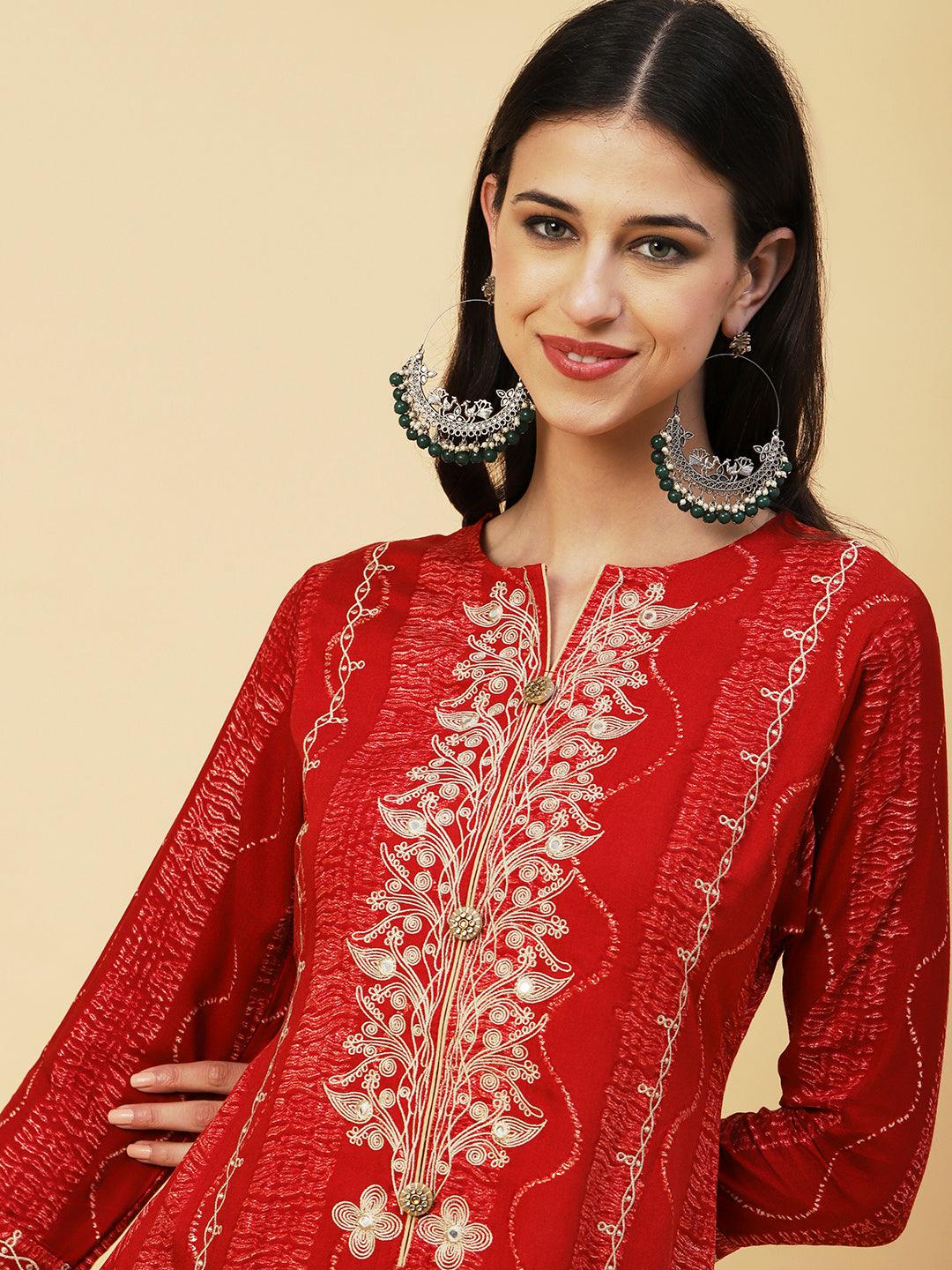 Abstract Printed Mirror & Resham Embroidered A-line Kurta - Red - Indiakreations