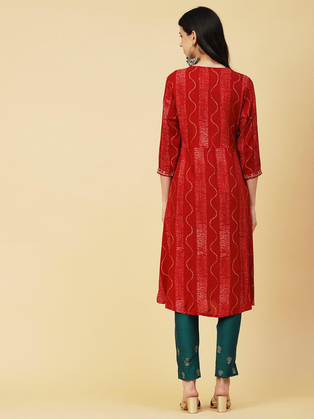 Abstract Printed Mirror & Resham Embroidered A-line Kurta - Red - Indiakreations