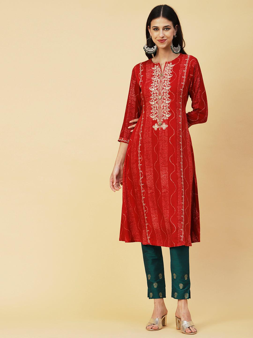 Abstract Printed Mirror & Resham Embroidered A-line Kurta - Red - Indiakreations