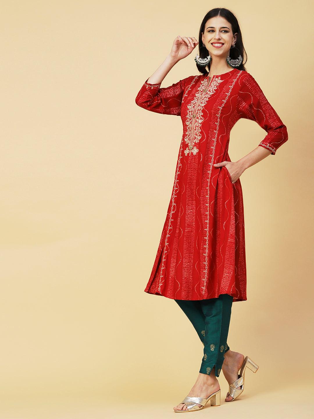 Abstract Printed Mirror & Resham Embroidered A-line Kurta - Red - Indiakreations