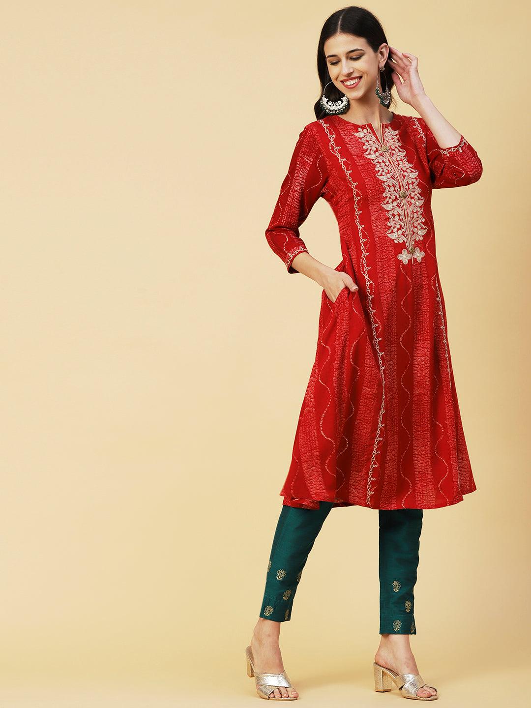 Abstract Printed Mirror & Resham Embroidered A-line Kurta - Red - Indiakreations