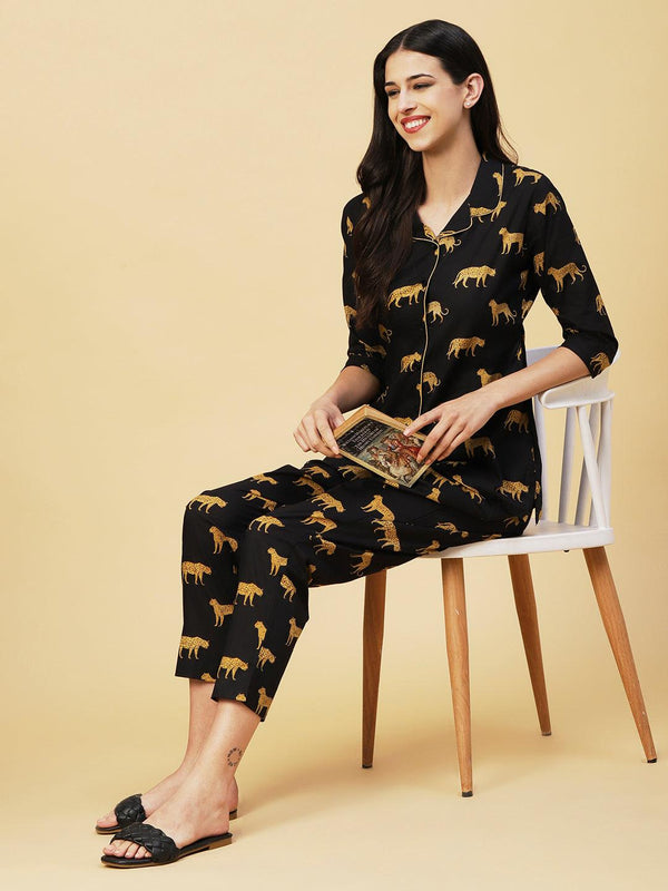 Animal Printed A-line Shirt With Pants Lounge Wear Set - Black - Indiakreations